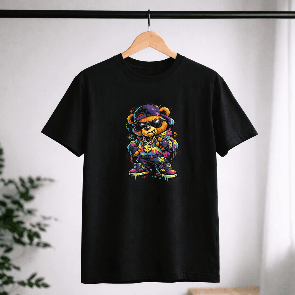 AI-generated shirt design: Hip-hop teddy bear, streetwear, graffiti style, bold and vibrant.